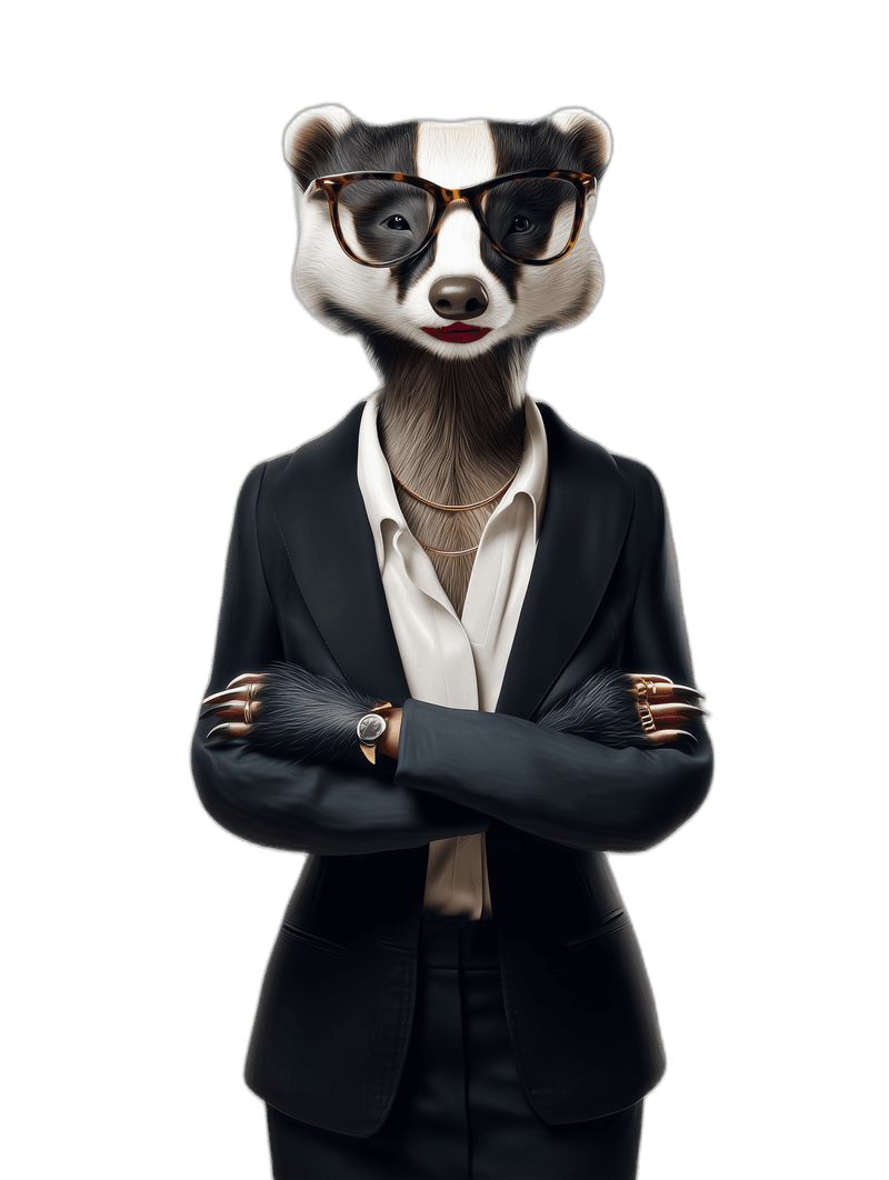 Karen the Badger, arms crossed, ready to handle your complaint